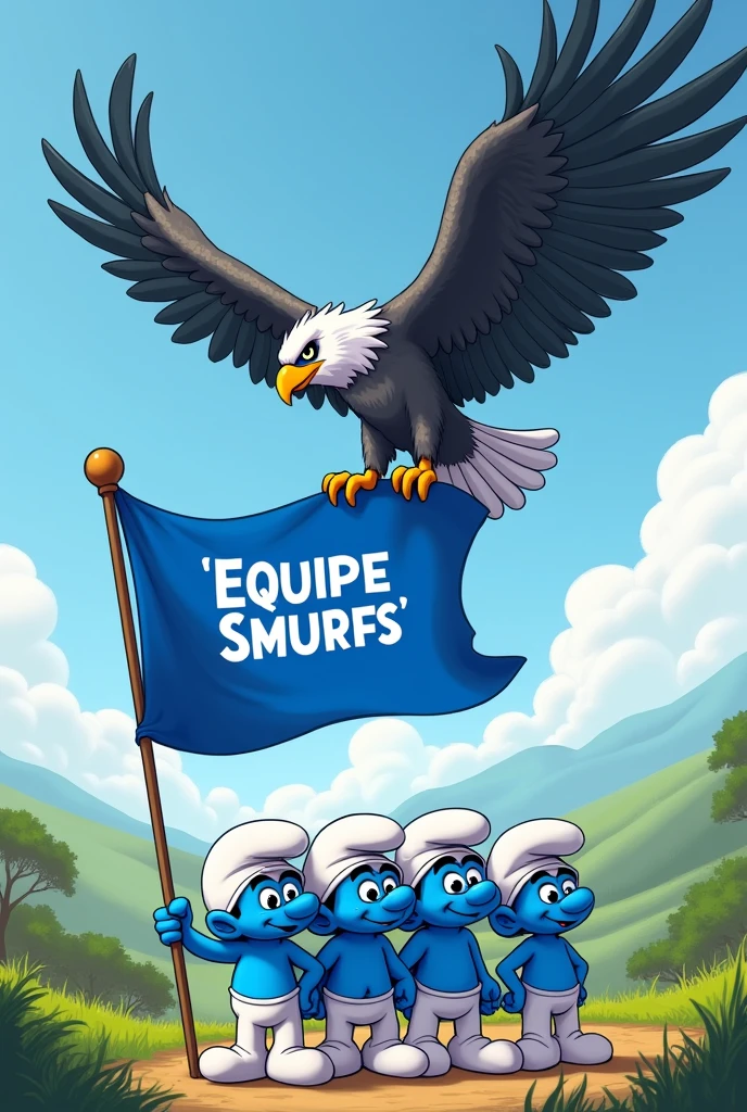 Equip the Smurfs with a blue flag written "Smurfs Team" in Portuguese and a grey and white HARPIA crested harpy eagle holding the flag