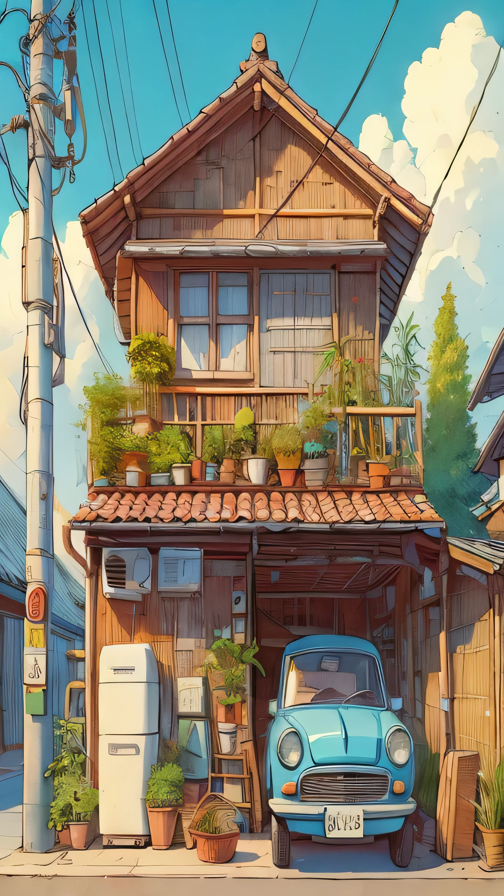 Draw a simple scene from an anime of an old house made of bamboo, Rooftop and potted plants, Blue vintage old style car in the garage below, Air conditioning, electricity meter, there is no, Cloudy, Beautiful color palette, Vibrant, highly saturated colors,