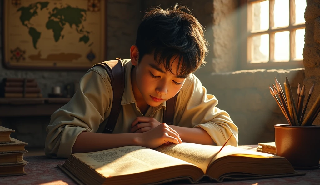 A young man studying the scriptures in a simple room, with an old map on the wall and a window that lets in the sunlight. The focus is on his concentrated face and the pages of the book..