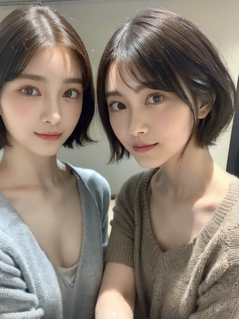 (masterpiece:1.3), (8k, Photoreal, Raw photo, best image quality: 1.4), Japanese high school girl、(random hairstyle:1.2)、cleavage:1.5、super detail face、eye for details、double eyelid、chest to chest、sharp focus:1.2、Beautiful woman:1.4、light brown hair、highest quality、masterpiece、超A high resolution、(Photoreal:1.4)、Highly detailed and professionally lit smiles、loose and light knitwear、shoulder out、thin、serious expression、short haired、deadly position
similar identical twins
All the girls have the exact same face, The two have the same face and figure, as if they were mirror images.
