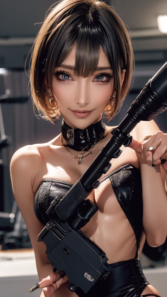 (Highest quality), Realistic, (live-action),(Short Hair,Sharp bangs)Showing off your crotch,Highest quality,Highest quality,8k images,Pink Hair,High heels,Small face,((Big Breasts))Leg spread、1 gun,(((Point the tip of your gun towards the camera:1.8))),Highest quality32K