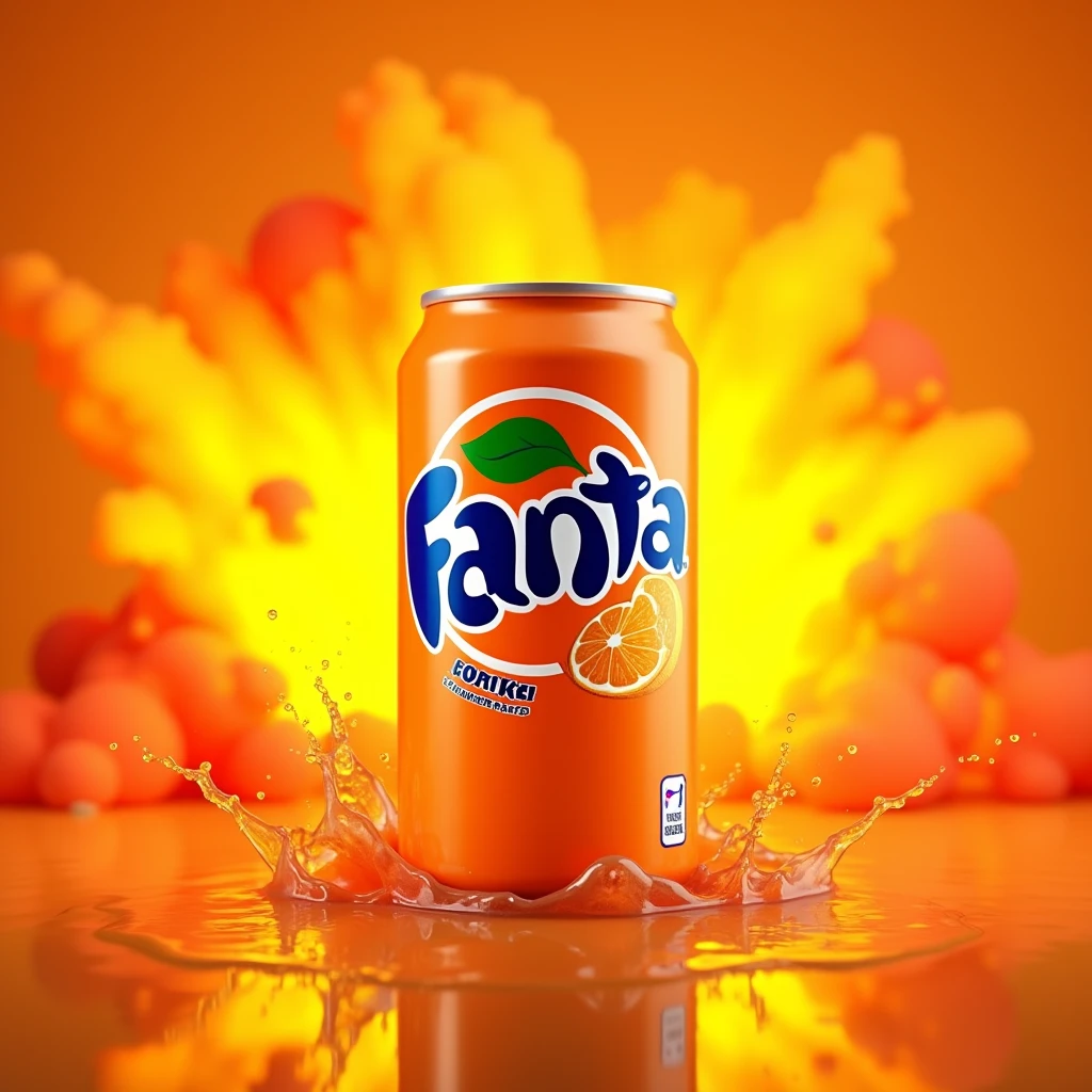 Fanta orange flavour can with an orange explosion in the background