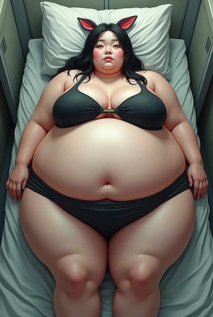 A very obese and fat semi-realistic woman, her weight is 500 kg. She is the fattest Asian woman in history. She has white skin, black hair and yellow eyes. She is morbidly and chronically obese. She has a huge belly and her body is very big and fat. She is wearing a black rabbit outfit that shows off and exposes her fat and her belly appears to be getting bigger. She is lying down.