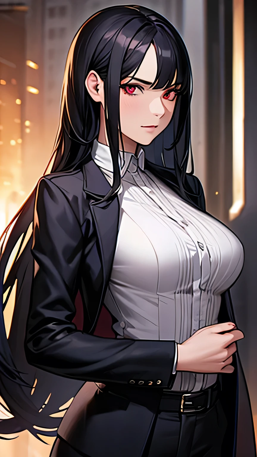 ((Highest quality)), Ultra-high resolution,Adult women, alone, sexy, (Stern face), (Red eyes), Beautiful face in every detail,(High resolution detail of human skin texture), (Black irregular long hair), Black coat,Suit pants,A mercenary woman,（have a gun in hand）,Realistic:1.4,Realistic:1.4,Dark Warehouse,((masterpiece)),Perfect and detailed eyes