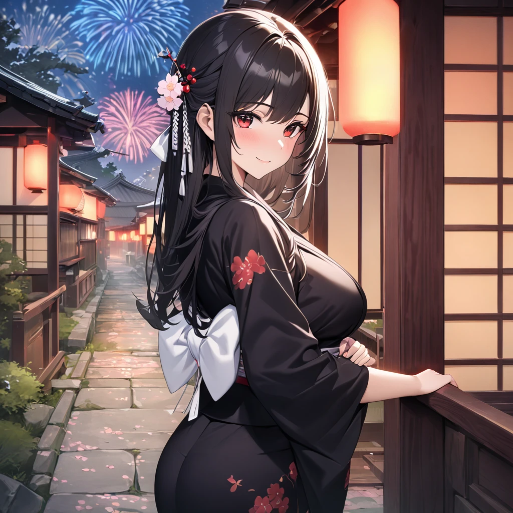 Woman wearing a black yukata with red details,Standing posture, Black Hair, Long Hair, Red eyes, smile, smile, Ancient roads of Japan, There are fireworks in the background、There are cherry trees planted around the area., High resolution, Super Resolution, Very detailed, masterpiece, super high quality, 4k hd. (alone, Only One Woman), White ribbon in hair.chest, Teardrop, 