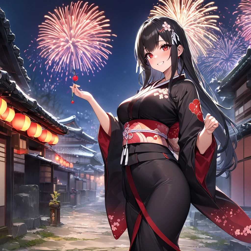 Woman wearing a black yukata with red details,Standing posture, Black Hair, Long Hair, Red eyes, smile, smile, Ancient roads of Japan, There are fireworks in the background、There are cherry trees planted around the area., High resolution, Super Resolution, Very detailed, masterpiece, super high quality, 4k hd. (alone, Only One Woman), White ribbon in hair.chest, Teardrop, 