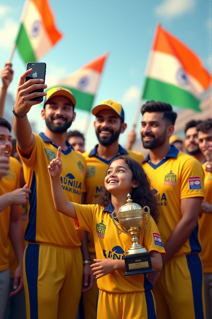 create a realistic image where a 15 Years old IPL fan Young Girl Wearing CSK Team's Jersey With Name “Harshika” is written on it, girl standing with dhoni and 11 player with yellow jersey and dhoni take a ipl trophy, The girl is holding a iphone 15 pro max mobile and taking a selfie with him, indian Flags are Flying in the Back of them And Have Many cricket Supporters there, 3D art painting Realistic photo.