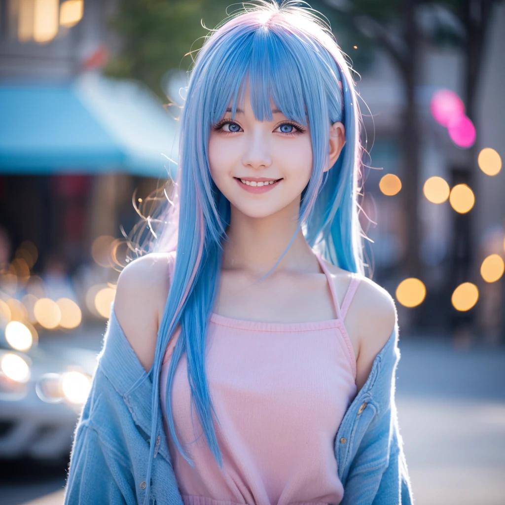 One person, Background blur, Pink eyes, Blue Hair/Light blue hair, smile, High resolution,