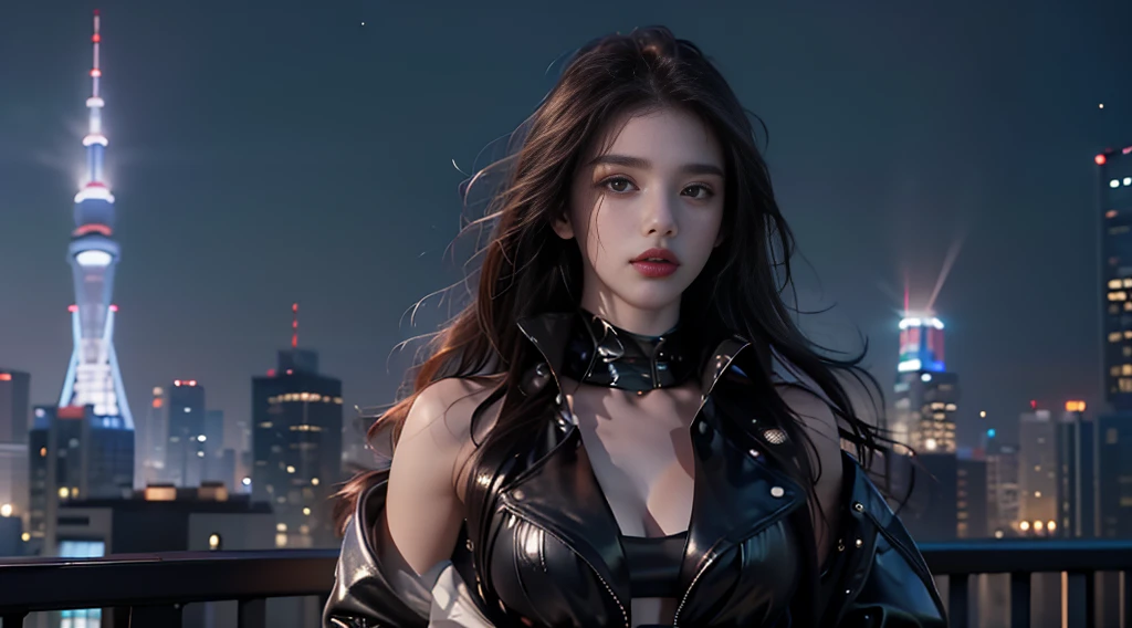 ((masterpiece, best quality, Highest image quality, high resolution, Reality, RAW photos, 8K)), Bustling future city night scene，Girl standing on the roof，Tight leather jacket，Off-shoulder，Large Breasts，Long hair，Pretty face，Closed mouth，dramatic，Upper Body，（midnight）