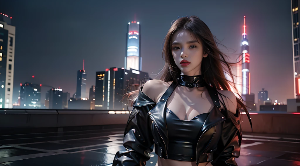 ((masterpiece, best quality, Highest image quality, high resolution, Reality, RAW photos, 8K)), Bustling future city night scene，Girl standing on the roof，Tight leather jacket，Off-shoulder，Large Breasts，Long hair，Pretty face，Closed mouth，dramatic，Upper Body，（midnight）