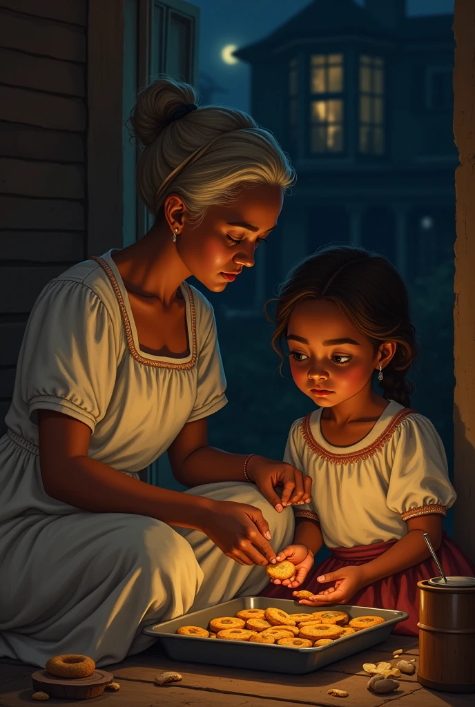 A warm and tender moment between a girl (the narrator) and his maternal grandmother. the grandmother, a strong and resilient figure, She is kneeling next to an oven chimney and next to her is a tray of cooked cookies., Late at night, She is baking cookies. The firelight softly illuminates the room, projecting warm tones on their faces. The girl, sitting next to him, He looks at his grandmother with admiration and love, holding a piece of a freshly baked cookie. In the background, You can feel the fatigue and hard work, perhaps with the faint outline of the rest of the house in the dark, indicating the late hour. The atmosphere should evoke feelings of both warmth and sadness., highlighting the grandmother's strength and hope despite the heavy burden of slavery.
This image would capture both love and resilience in the face of adversity.
