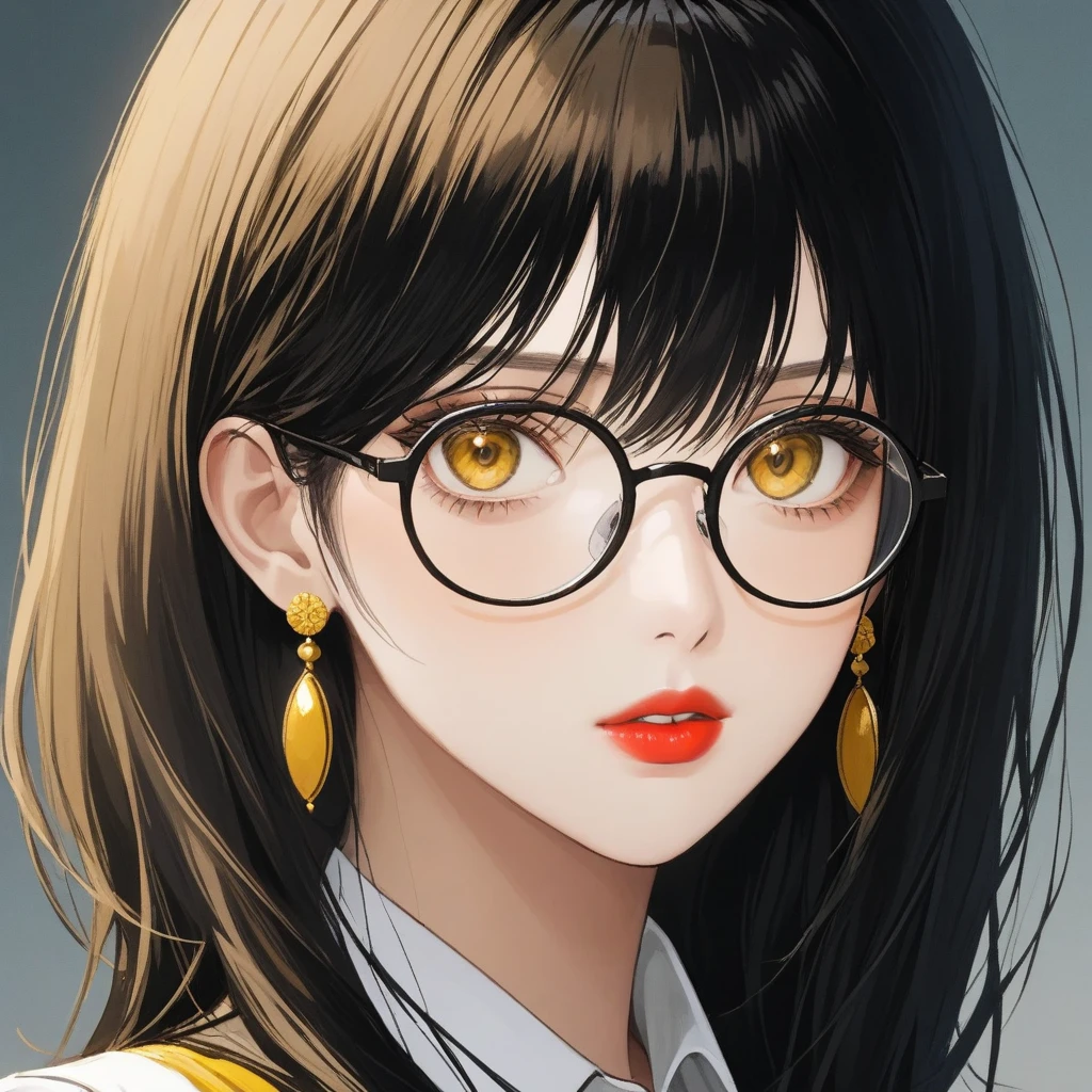 (masterpiece, best quality: 1.2), yoru\(chainsaw man\),(very detailed face, real image, realistic skin, realistic body, intricate details), (solo, upper body) red lipstick 
serious, looking at the viewer, yellow eyes, , pinaforee dress, shirt, neck ribbon, close-up,jhumka earrings,big earrings ,long earrings , long with yellow and black highlights hair，wear glasses，black and yellow hair, ((((giant glasses, otaku glasses, round glasses))))