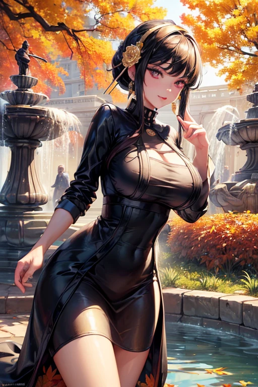 (masterpiece, Best Quality, luz bright, bright, piel bright, ultra detailed, detailed background, complex background),(perfect face, detailed face, detailed eyes,perfect hands,perfect fingers), (big tits:1.2,smile),(mature woman:1.4),cowboy shot,thick,
Yor,by the wide,((ombre hair)),multicolored eyes, gradient eyes, (ojos brights:1.5), mask, (fashion makeup), Chapped lips, hair band, jewelry, earrings, hair ornament, hair flower, flower, gold hair band,dress, black dress,
((park, fountain, leaves in the air, wall, autumn, trees)),((super detailed background)), dynamic poses, ((8k wallpaper)),
