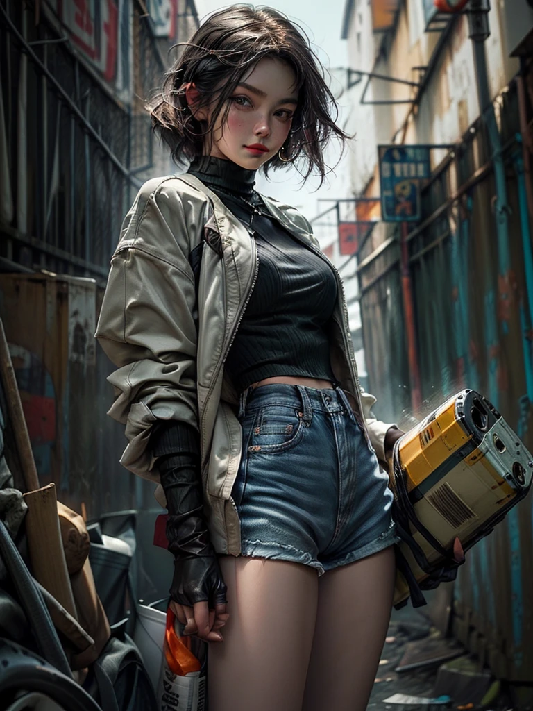 detailed young woman with short brown hair, green eyes, and a confident sensual smile, wearing a punk style haircut with shaved sides, tattoos, carrying a Gatling gun, standing in a dynamic and virile pose, punching with large muscles, wearing a petrol blue jacket, ammunition belt, and gloves, set in an abandoned building background with junk, highly detailed, photorealistic, 8k digital art, colors of cyan, green, orange, and brown