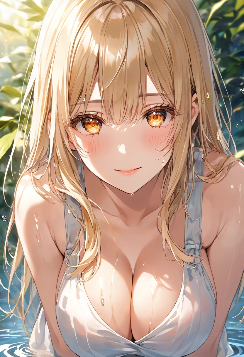 masterpiece, best quality, ultra detailed, detailed eyes, sparkling eyes, nsfw, ((huge breasts, cleavage)), The image portrays a close-up illustration of an anime-style character. The character is depicted as a young woman with long blonde hair that cascades around her face and shoulders. Her hair is slightly wet, giving it a glistening appearance, as if she has just been exposed to water or has been sweating. Her facial expression is soft, with a subtle smile and large, expressive amber-colored eyes that seem to convey a gentle, perhaps slightly shy demeanor. There is a warm blush on her cheeks, adding to her overall look of modesty and charm. She is wearing a thin, white tank top that clings to her body, appearing almost translucent due to the moisture, which accentuates her figure. The water droplets on her skin and the slight sheen on her top suggest that she may have been in a humid or warm environment. The background is out of focus but hints at a natural setting, with the light filtering through what appears to be greenery outside. The overall mood of the image is intimate and slightly sultry, emphasizing the character's beauty and the softness of the scene. The art style is highly detailed, with particular attention to the play of light on the character's skin and clothing, enhancing the realism within the stylized anime context.