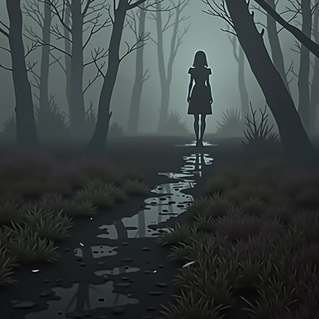 solitary girl standing at the edge of a dark, fog-covered forest, her back to the viewer. The shadows around her are filled with faint, ominous shapes, hinting at the hidden dangers lurking in the darkness. The color palette is muted, with deep blues, purples, and blacks creating an eerie, otherworldly atmosphere.