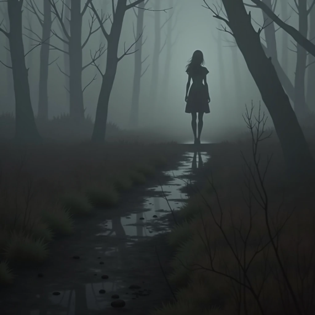 solitary girl standing at the edge of a dark, fog-covered forest, her back to the viewer. The shadows around her are filled with faint, ominous shapes, hinting at the hidden dangers lurking in the darkness. The color palette is muted, with deep blues, purples, and blacks creating an eerie, otherworldly atmosphere.