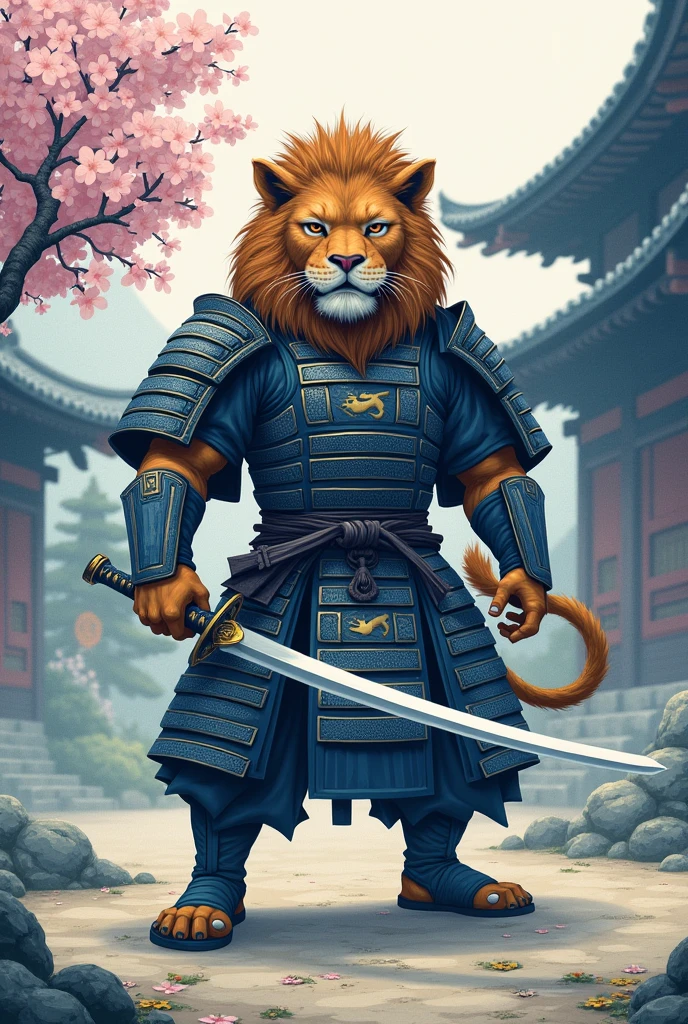 Samurai Lion in an ancient Japanese dojo, modern art, hand-drawn, gray, blue and white colors, Lion warrior, traditional Japanese architecture, cherry blossom tree in bloom, intricate samurai armor, katana sword, focused expression, dynamic pose, detailed linework, soft pastel shades of blue, and lavender, artistic interpretation, ArtStation.