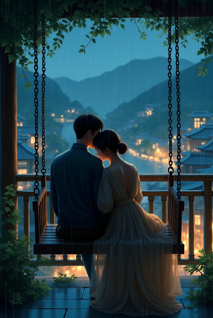 Couple in balcony, in rainy night, village on, sitting on one swing chair, wife in godi of husband,
