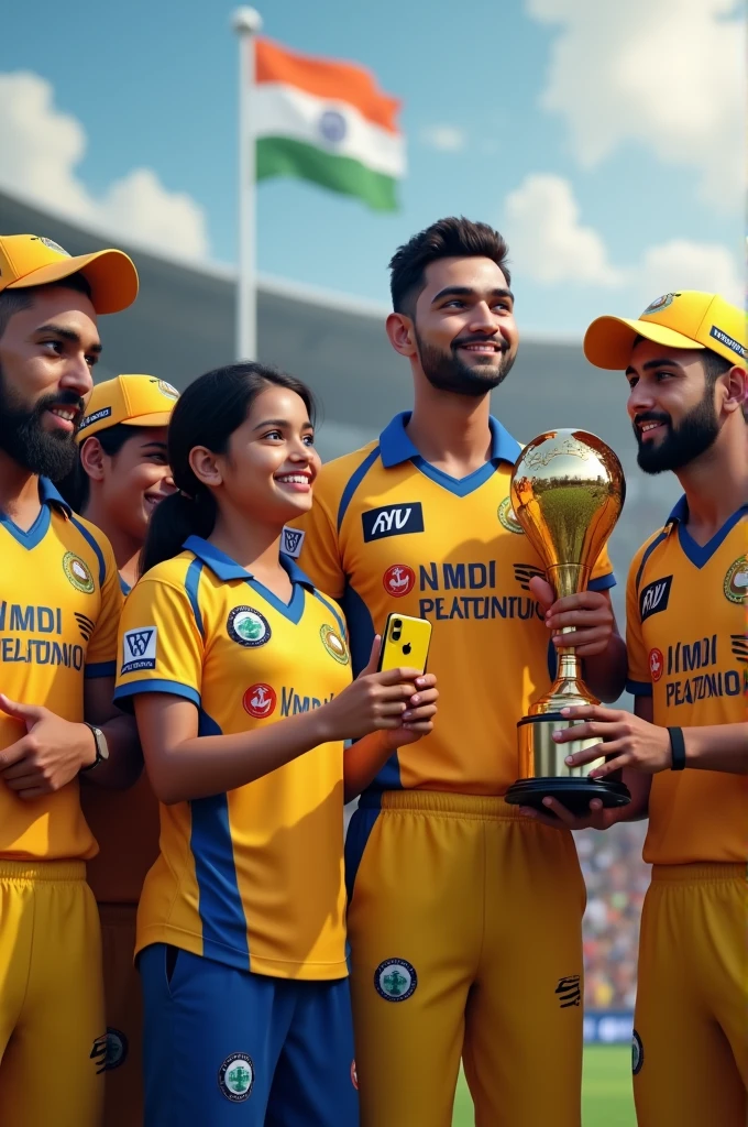 create a realistic image where a 15 Years old IPL fan Young Girl Wearing CSK Team's Jersey With Name “Harshika” is written on it, girl standing with dhoni and 11 player with yellow jersey and dhoni take a ipl trophy, The girl is holding a iphone 15 pro max mobile and taking a selfie with him, indian Flags are Flying in the Back of them And Have Many cricket Supporters there, 3D art painting Realistic photo.