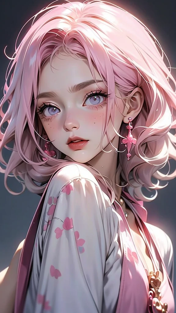 1 person, alone, solo, Long Hair, Looking at the audience, Blue Eyes Background, White Background, jewelry, Mouth closed, ((nsfw:1.3)), nude, cowboy shot, Pink Hair, Earrings, Pink Eyes, necklace, From the side, sweater, lips, eyelash, Compensate, Wavy Hair, Earrings, cross, lipstick, ear Earrings, eye shadow, hoop Earrings, pink lips, Variegated eyes, Pink Theme, pink eye shadow,