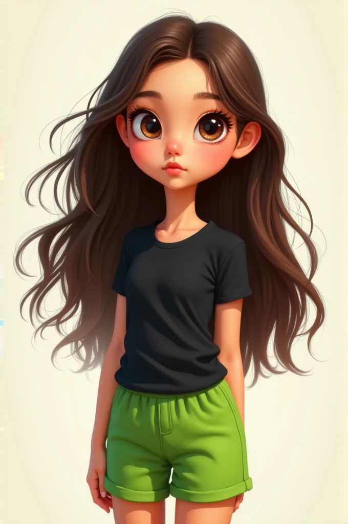Girl with long hair little eye big mouth dress with black t shirt and green short