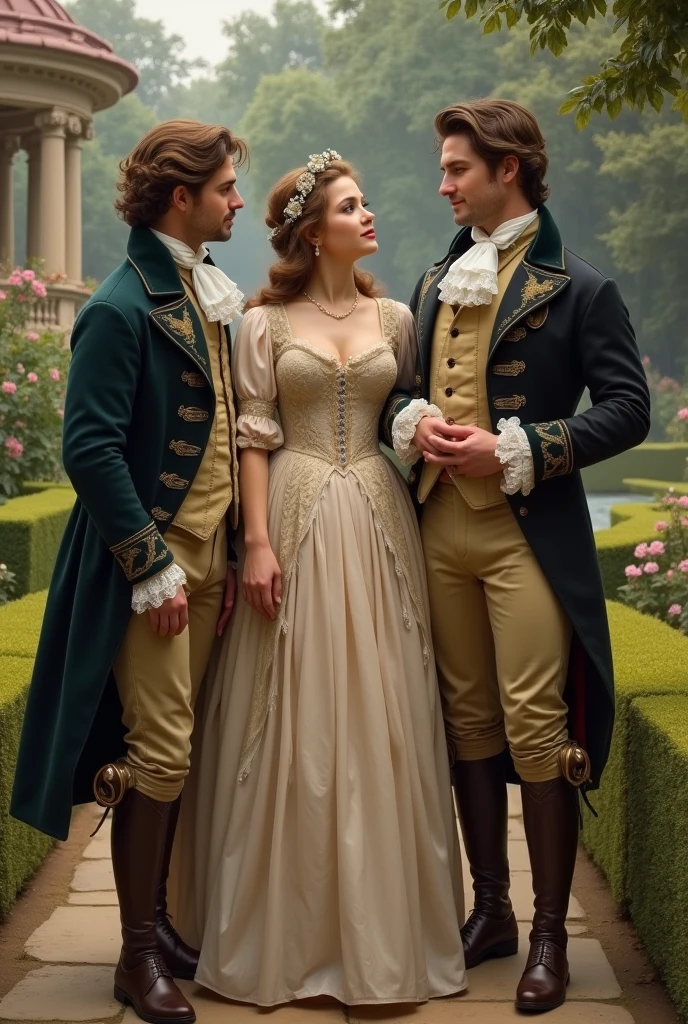 Men courting a woman in 18th century clothing