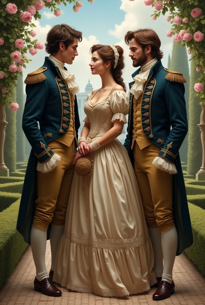 Men courting a woman in 18th century clothing