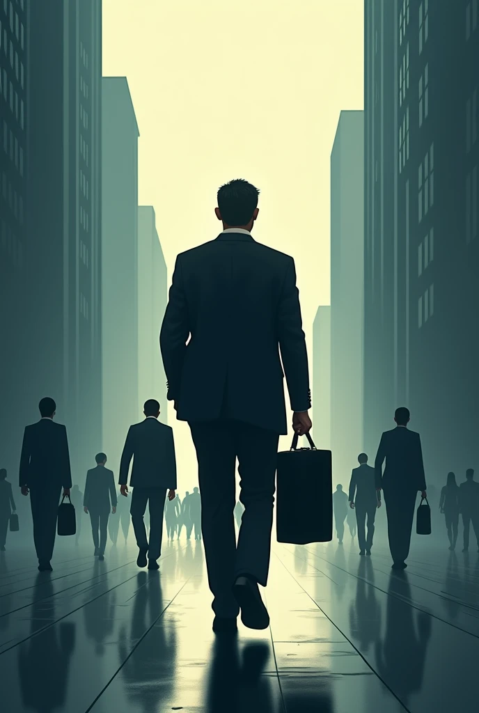 Cover of a movie, with the silhouette of a worker and his briefcase heading to the city, that the man looks depressed, with more silhouettes of people walking around