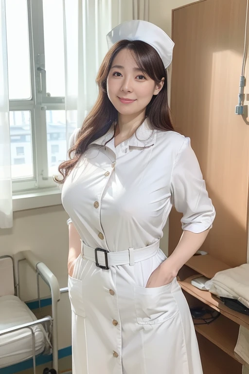 ((Highest quality, 8k, masterpiece, Portraiture: 1.3)), (Looking at the audience), Attractive mature woman, 1 person, A little thick:0.４,Light brown medium long hair、 (((Pure white nursing uniform))), (((Nurse Look)))、((White Uniform))、((Nurse cap))、((Large Breasts:1.1)) (Large pelvis:0.9), ((Are standing))、,Good posture、(((Strong afternoon sunlight shining through the hospital background)))、((((A gentle smile))))、A gaze that seduces viewers、(((Hospital room background)))、(((The first button is fastened)))、A good attitude、