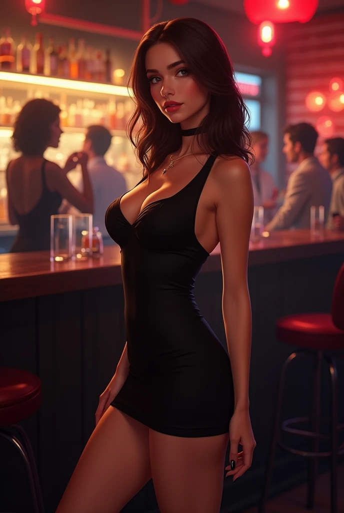 Hot 19 year old white woman standing wearing short black dress in a bar. show full body