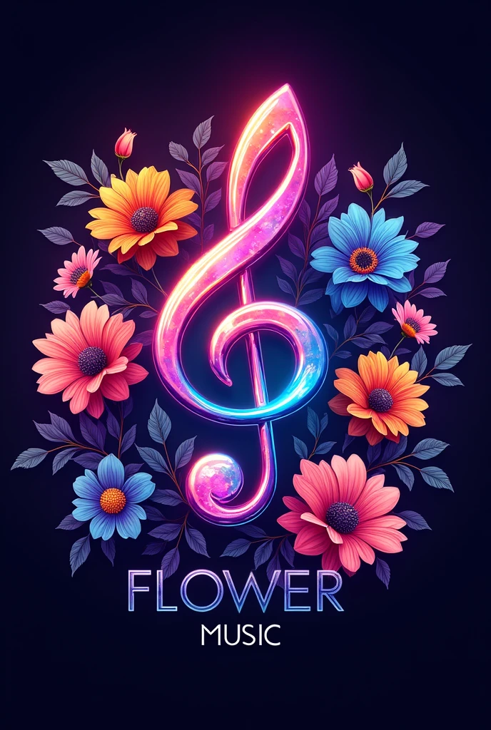 A logo musical note center and flower and pattern around. Background Neon and text “ FLOWER MUSIC font strong colorful