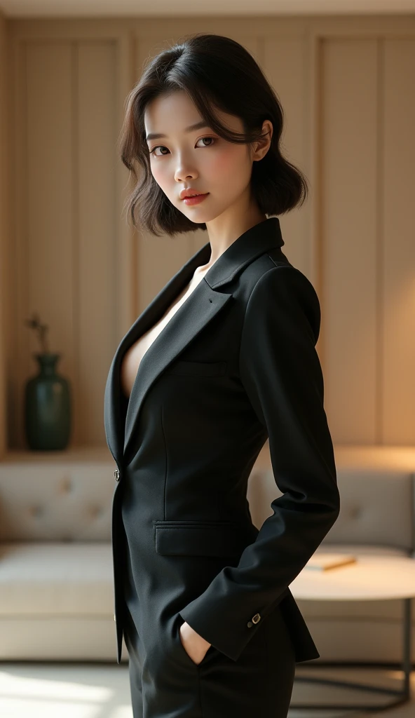 A woman in a skirt posing in a room, Tight clothing, Business services, Yoshitomo Nara, suitを着たまま, Korean women, suit, Japanese Goddess, Japanese Model, ゴージャスな若いKorean women, beautiful Korean women, Korean, wears tight and simple clothes, Business attire, 厳格なsuitを着て,Accentuate your buttocks