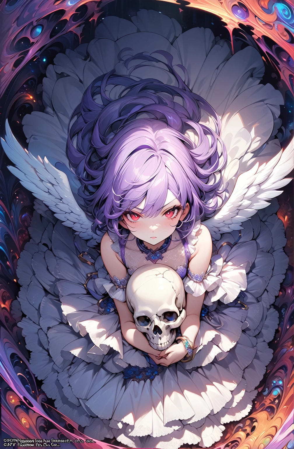 (masterpiece, absurd quality, best quality, official art, beautiful and aesthetic:1.2), (1 small girl:1.4), extreme detailed, (fractal art:1.3), colorful, highest detailed, vivid color, from above, angel, albino, babyface, hugging the skull, dark light, fluffy white frilly dress, white lace-up short boots, fluffy angel wings, purple long hair, beautiful detailed red eyes, glaring at viewer, lots of skulls,((purple hair)),
