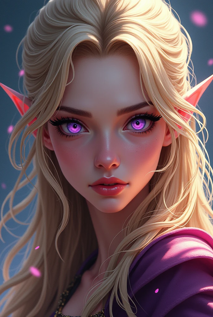 (masterpiece, top quality, best quality), pixel art, female warrior, beautiful detailed eyes, beautiful detailed lips, extremely detailed face and eyes, long eyelashes, white skin, purple irises, long blonde hair, curious expression, detailed illustration, digital painting, cinematic lighting, dramatic lighting, vibrant colors, fantasy, concept art, highly detailed