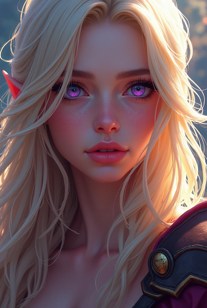 (masterpiece, top quality, best quality), pixel art, female warrior, beautiful detailed eyes, beautiful detailed lips, extremely detailed face and eyes, long eyelashes, white skin, purple irises, long blonde hair, curious expression, detailed illustration, digital painting, cinematic lighting, dramatic lighting, vibrant colors, fantasy, concept art, highly detailed