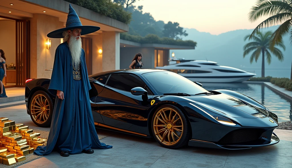 CREATE AN ULTRAREALISTIC IMAGE showing a young wizard, hat next to yacht with luxurious sports cars, with women leaning against cars on all fours, LINDA PARKED NEXT TO GOLD BARS and dollars next to it, rubies and emeralds, convey depth, IN THE BACKGROUND A BEAUTIFUL MANSION with modern architecture, WITH 3 elegant WOMEN with sinuous curves and dressed in tight, short dresses. NEXT TO THE FERRARI A HANDSOME YOUNG WIZARD IN BLUE CLOTHES AND FULL OF JEWELS, PERFECT WIZARD HANDS WITH 5 FINGERS. Emphasize richness and sensuality, show a lake next to it with yacht