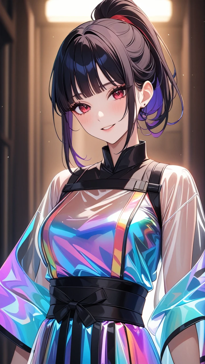 masterpiece, Highest quality:1.3, One person, Medium Hair, Black Hair, Blunt bangs, High Ponytail, Black headband, Black Mask, Japan Ninja Costumes, knife, Transparent and colorful vinyl clothing, Detailed face, Red eyes, Long eyelashes, Delicate facial features, Expressive Face,The best smile、 Detailed skin texture, Natural light, Vibrant colors, Cinema Lighting, Soft Focus, 非常に詳細なHighest quality,masterpiece,Transparent PVC clothing,Transparent Vinyl Clothing,Prismatic,Holographic,chromaticaberration,