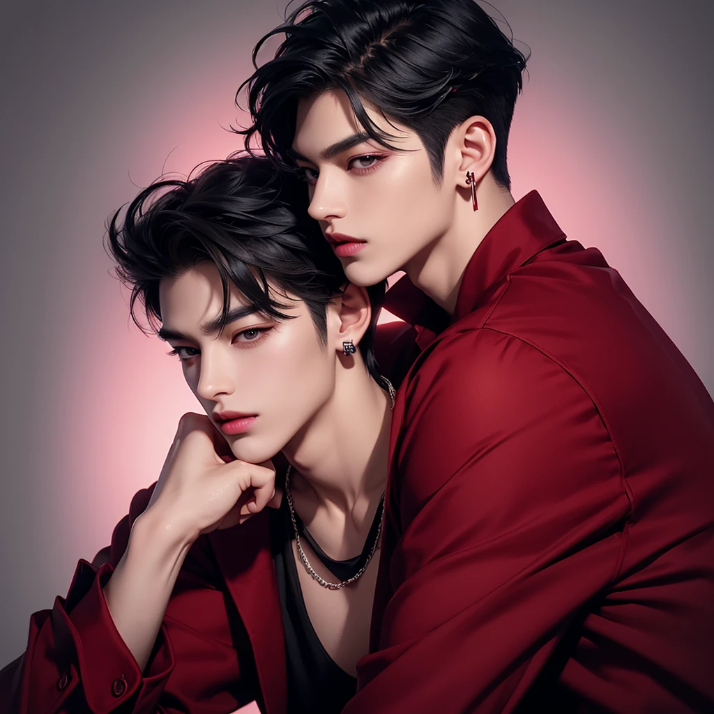 Korean men, face structure is not very small, long eyelashes, short hair, black hair, light pink lipstick, velvet lipstick texture, equal eyes, high nose, wearing a black necklace, black earrings, wearing a red shirt, wearing red pants.