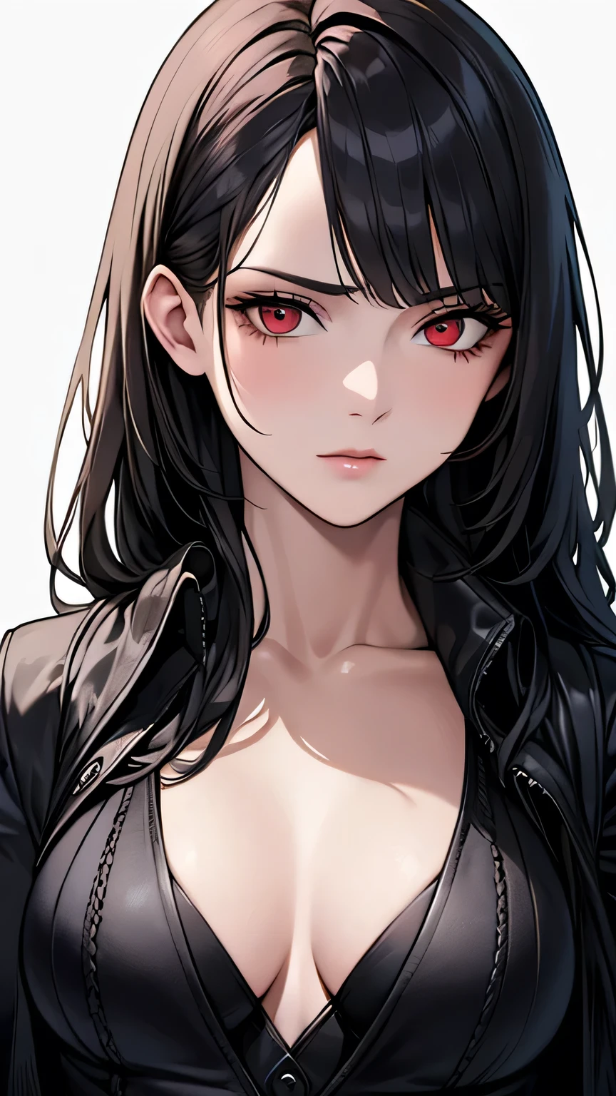 ((Highest quality)), Ultra-high resolution,Adult women, alone, sexy, (Stern face), (Red eyes), Beautiful face in every detail,(High resolution detail of human skin texture), (Black irregular long hair), Black coat,Suit pants,A mercenary woman,(have a gun in hand),Realistic:1.4,Realistic:1.4,Dark Warehouse,((masterpiece)),Perfect and detailed eyes