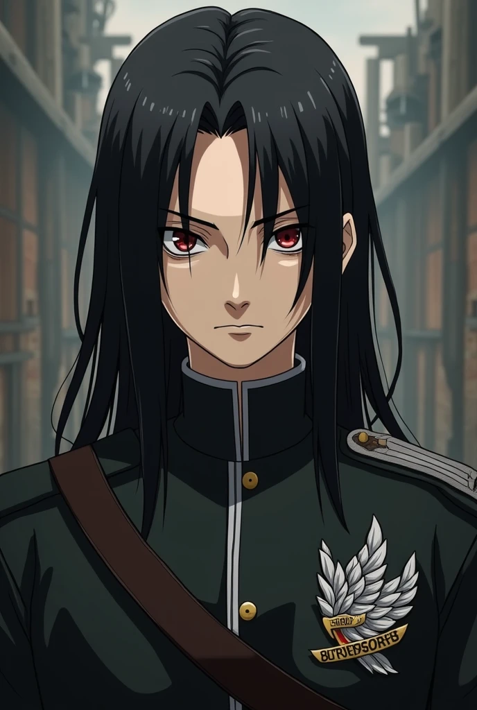 Character Itachi Uchiha from the anime Naruto if he were in the anime Attack On Titan with 2D features, full face from the front with the reconnaissance uniform from the front with the characteristics of the anime Naruto from the front without the Akatsuki cloak and with more characteristics of the animation of the mappa from Attack on Titan