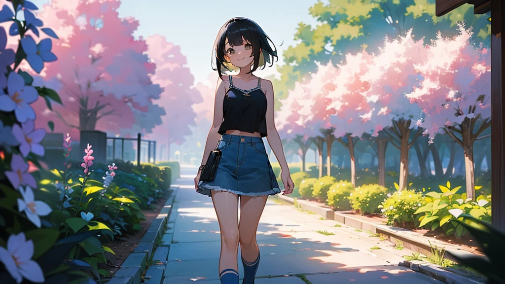 (high quality, High resolution, Very detailed), Peaceful atmosphere, (Outdoor, garden), Teenage girl standing alone, (my breasts are big.), Beautiful details, Cute Smile, (Black bob hair), camisole, Denim skirt, Blue socks, sneakers.