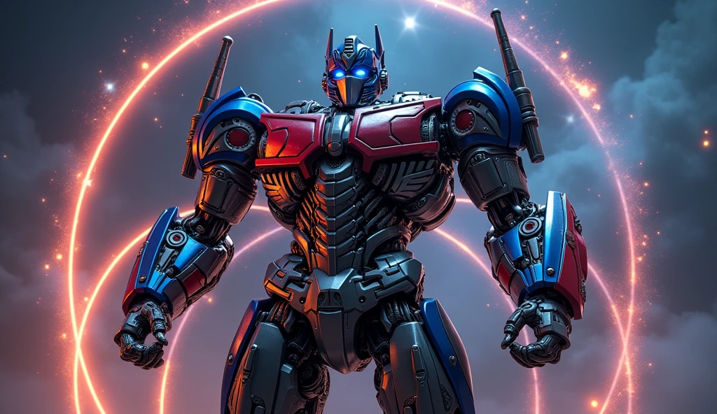 A highly detailed and photorealistic 3D render of Optimus Prime, the iconic Autobot leader from the Transformers franchise, set against a vast cosmic backdrop of the infinity symbol, (best quality,4k,8k,highres,masterpiece:1.2),ultra-detailed,(realistic,photorealistic,photo-realistic:1.37),studio lighting,extreme detail description,professional,vivid colors,4k,8k,hyperdetailed,extremely intricate,award winning cg art,cinematic lighting,dynamic pose,powerful presence,shiny metallic surfaces,complex mechanical details,glowing energy effects,vast cosmic background,infinity symbol,dramatic lighting,cinematic composition