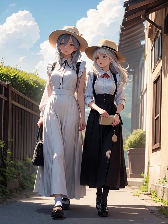 Pastel tones、High definition、Anime-like、Gentle Hills、High and blue sky、A shining white cumulonimbus cloud、(A wide-brimmed hat, silver hair, long skirt and cardigan)With the lady(Classical maid outfit)maid、Two women walking together
