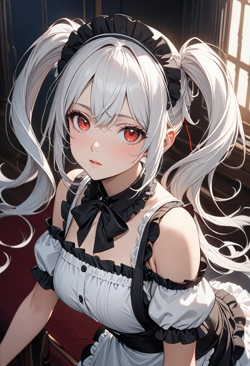 One girl, White hair,twin tail,long hair,maid's outfit,cold shoulder,red eyes,(((masterpiece))), (((best quality))), ((ultra-detailed)), (illustration), (detailed light),((an extremely delicate and beautiful)),(beautiful detailed eyes),
