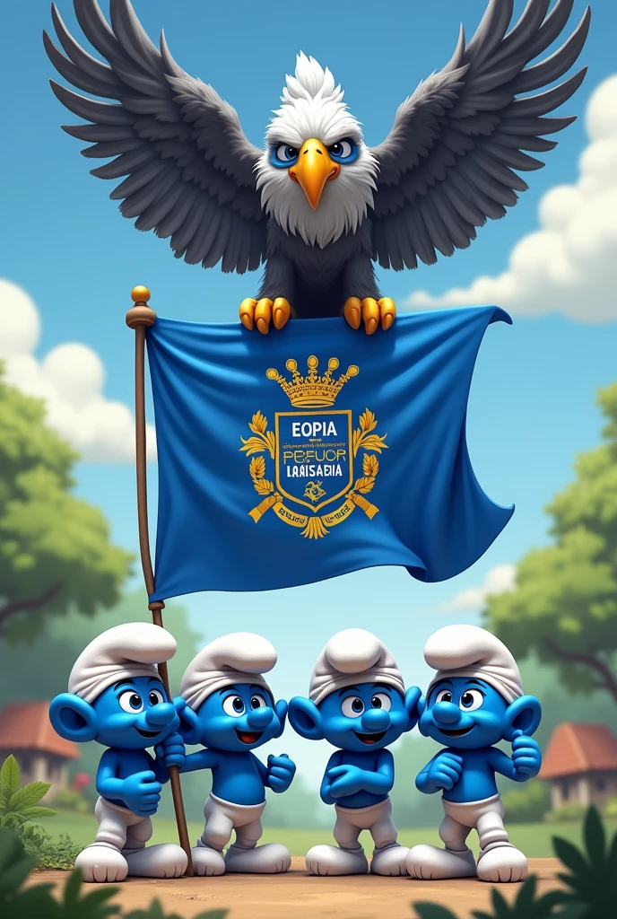 Equip the Smurfs with a blue flag written "Smurfs Team" in Portuguese and a grey and white HARPIA crested harpy eagle with a crown of grey feathers holding the flag