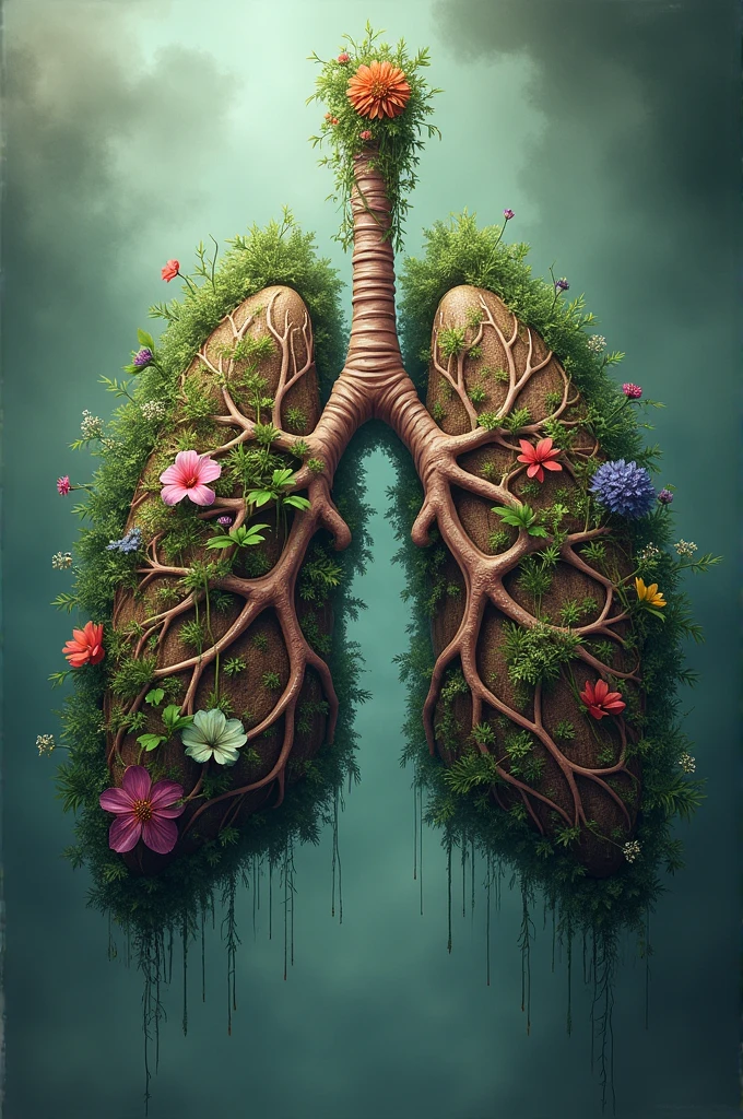 Image of a lung filled with flowers in the shamanic style. This lung looks like the lung of the world, of Nature, full of leaves and flowers.