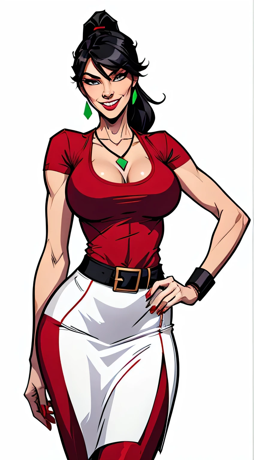 Thin woman (Elexis Sinclaire), 4K, beautiful smiling, seducing gaze, red v-neck t-shirt, black belt on red midi skirt, white peel split no color, necklace with green jewel, black hair with ponytail, eyes browns, busty. comic style, white background.