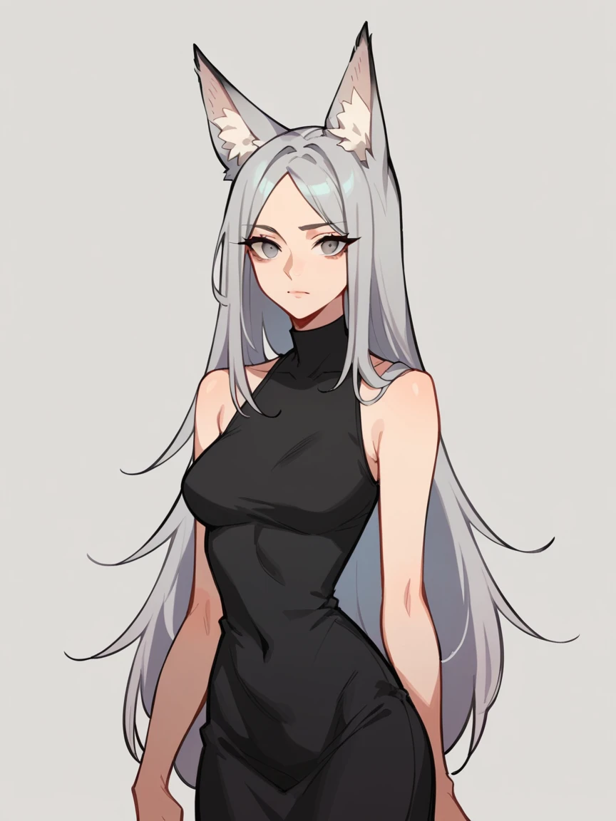 1 girl, standing alone, long hair, russet hair, grey-eyed, fox ears, black tee, breasts big,