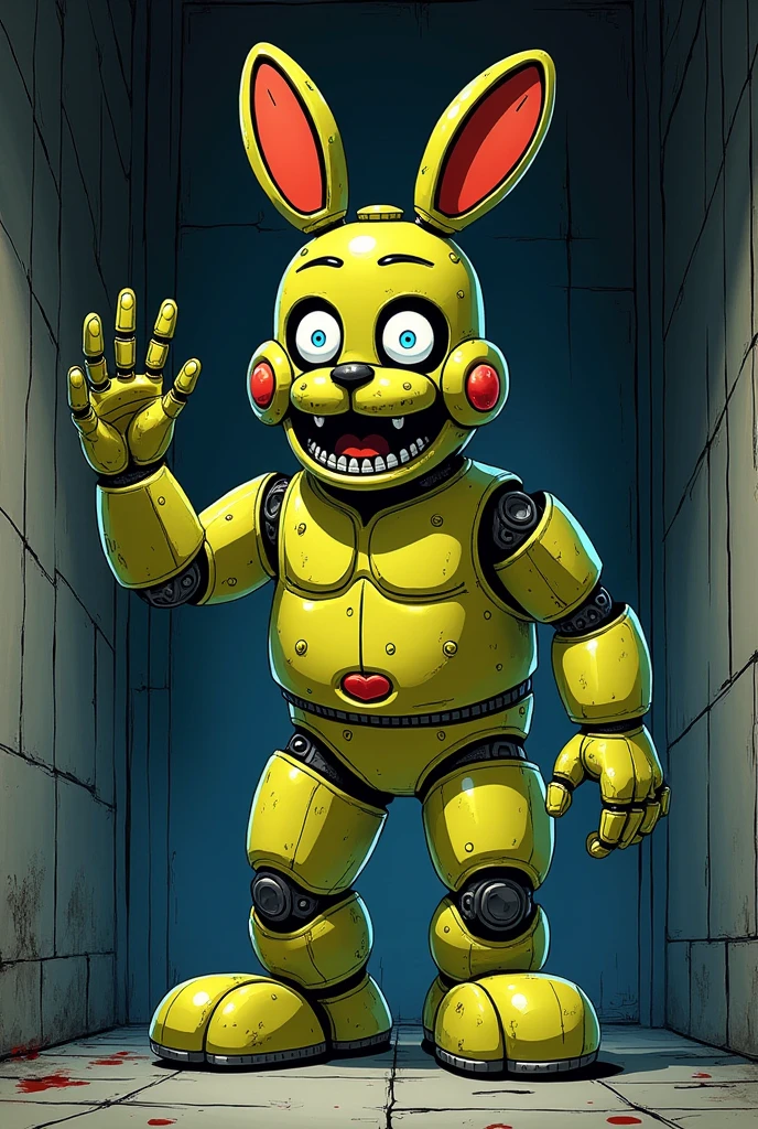 80's style anime drawing, general camera shot, springtrap fnaf, of a greenish yellow rabbit, humanoid, animatronic, with a very sinister expression, which the animatronic, who is waving worse has a macabre expression.